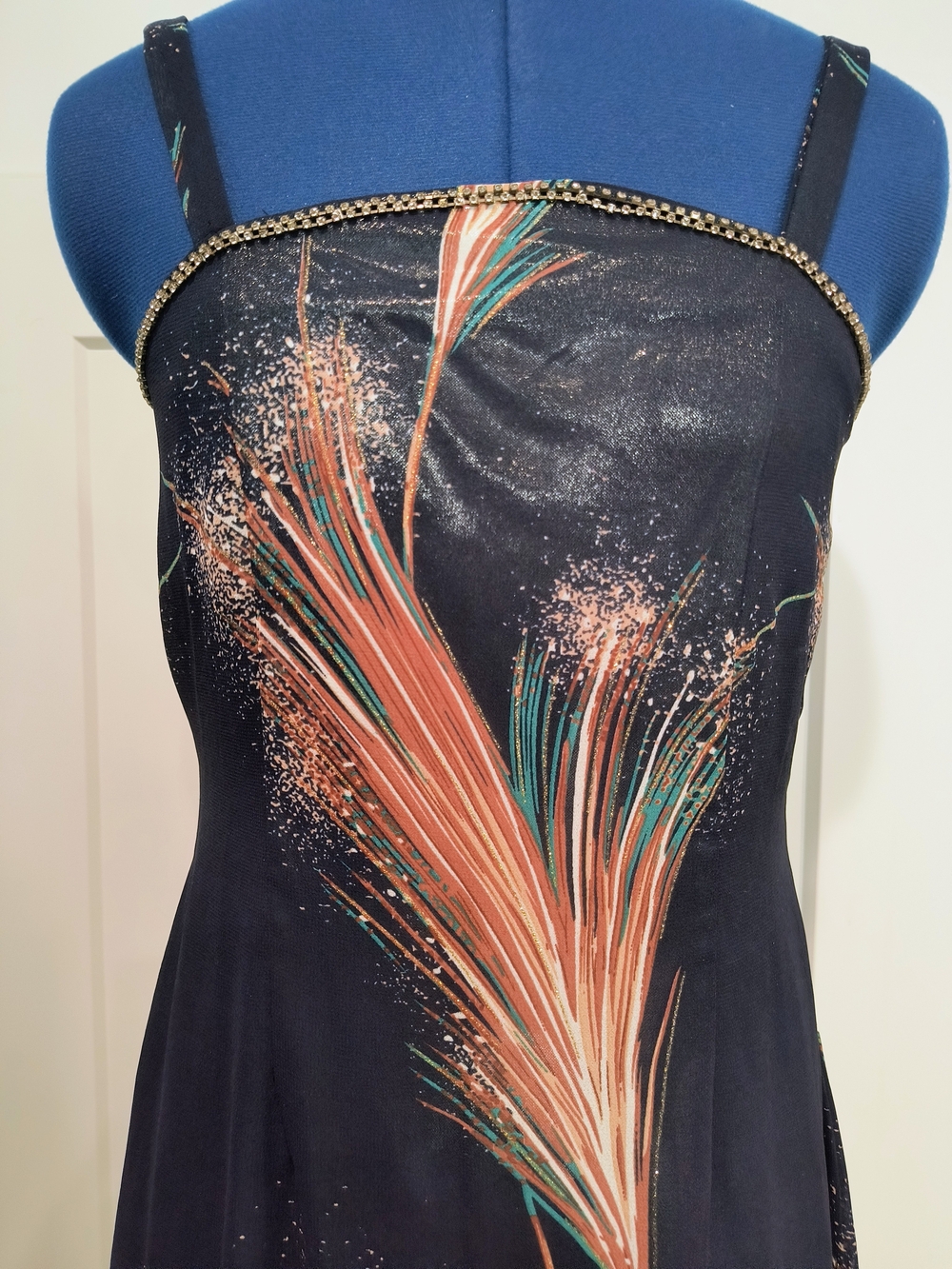 Navy Blue Maxi Dress with Coral & Teal Feather Print - Picture 3 of 7